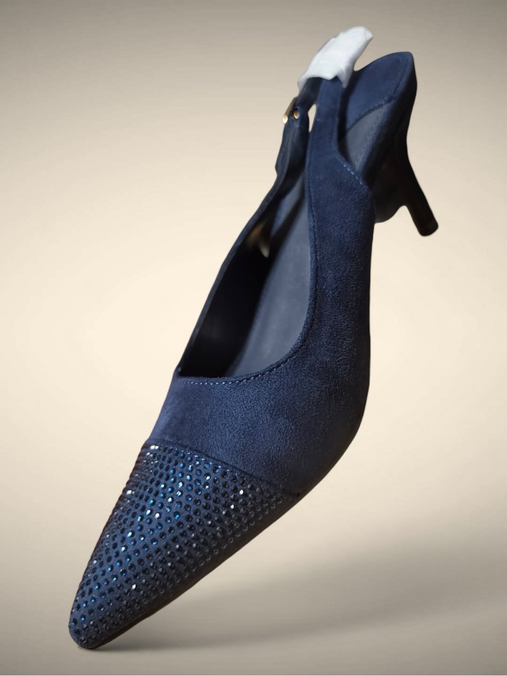 Navy Suede Pointed Toe Slingback Pumps with Crystal Detail